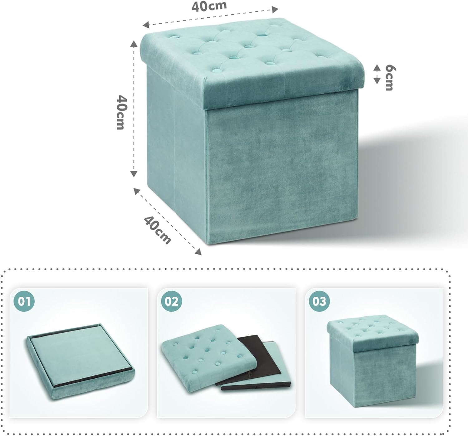 Bonlife Samt Faltbarer Hocker,Sitzhocker Samt Sitztruhe mit Stauraum Kinder,Aufbewahrungshocker mit Deckel,Fußhocker Gepolstert,Grün,40x40x40cm
