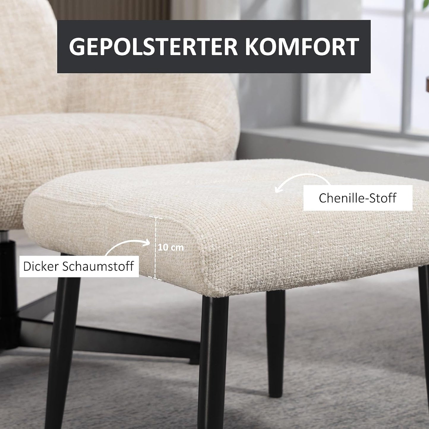 HOMCOM Sitzhocker Hocker mit weichem Sitzkissen Stahlbeinen Fußhocker mit Chenille-Stoff Polsterhocker Ottoman für Schlafzimmer, Wohnzimmer, Cremeweiß