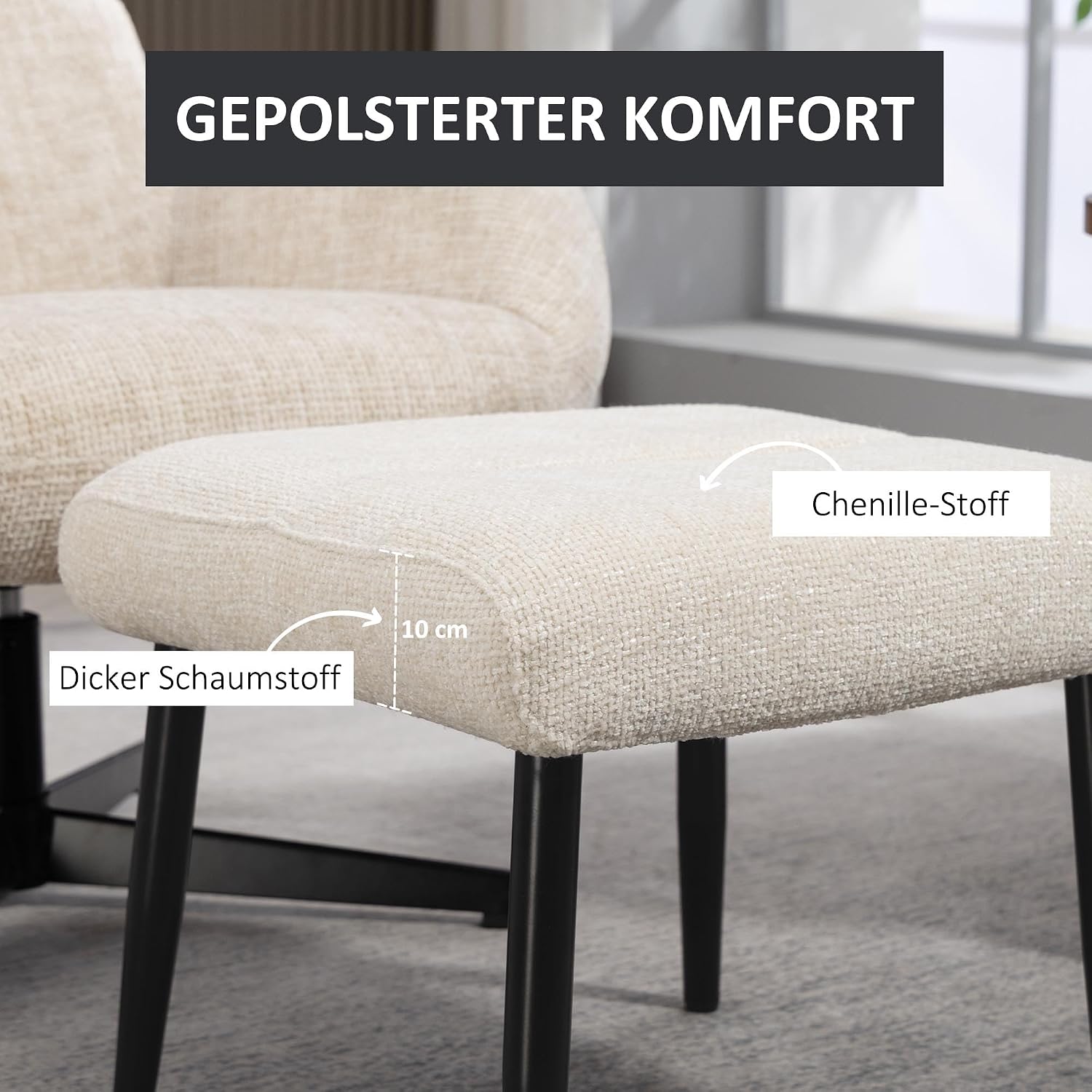 HOMCOM Sitzhocker Hocker mit weichem Sitzkissen Stahlbeinen Fußhocker mit Chenille-Stoff Polsterhocker Ottoman für Schlafzimmer, Wohnzimmer, Cremeweiß