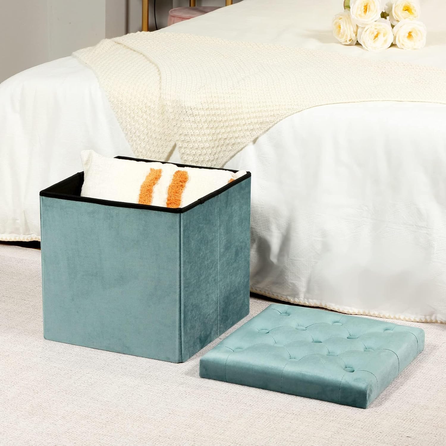 Bonlife Samt Faltbarer Hocker,Sitzhocker Samt Sitztruhe mit Stauraum Kinder,Aufbewahrungshocker mit Deckel,Fußhocker Gepolstert,Grün,40x40x40cm