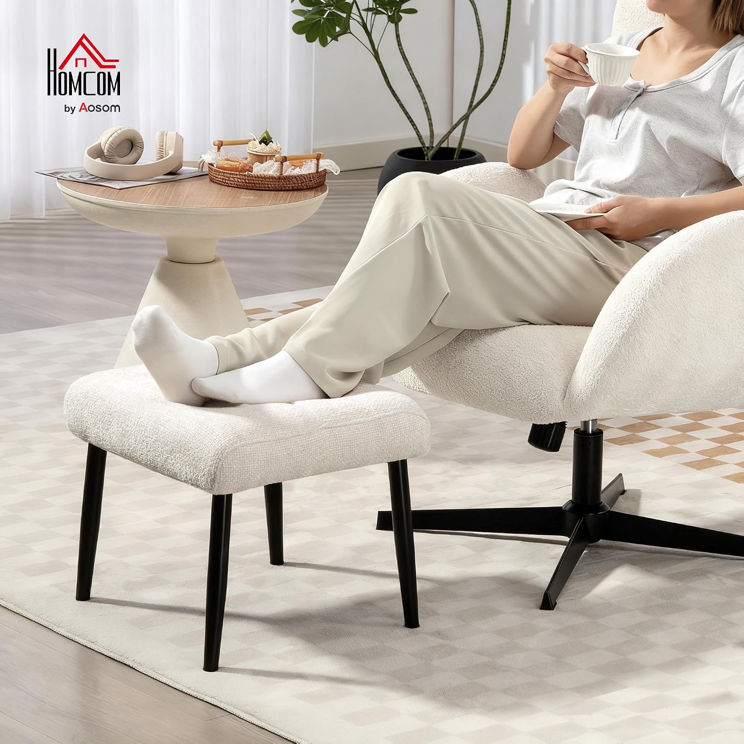 HOMCOM Sitzhocker Hocker mit weichem Sitzkissen Stahlbeinen Fußhocker mit Chenille-Stoff Polsterhocker Ottoman für Schlafzimmer, Wohnzimmer, Cremeweiß