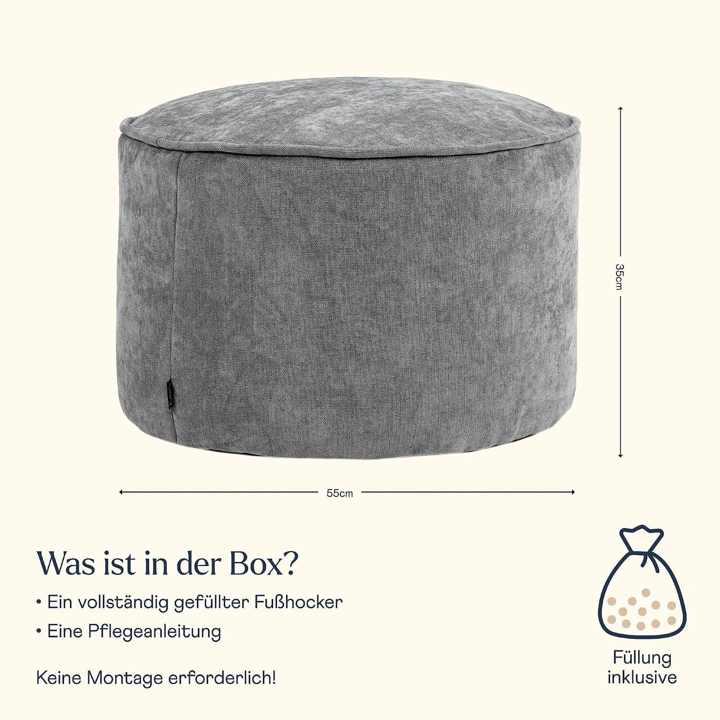 Icon Milano Hocker, Grau, Flauschiger Chenille Stoff, Samt Sitzsack, Sitzpuff, Pouf Hocker mit Füllung, Fußhocker für das Wohnzimmer, Deko Wohnzimmer