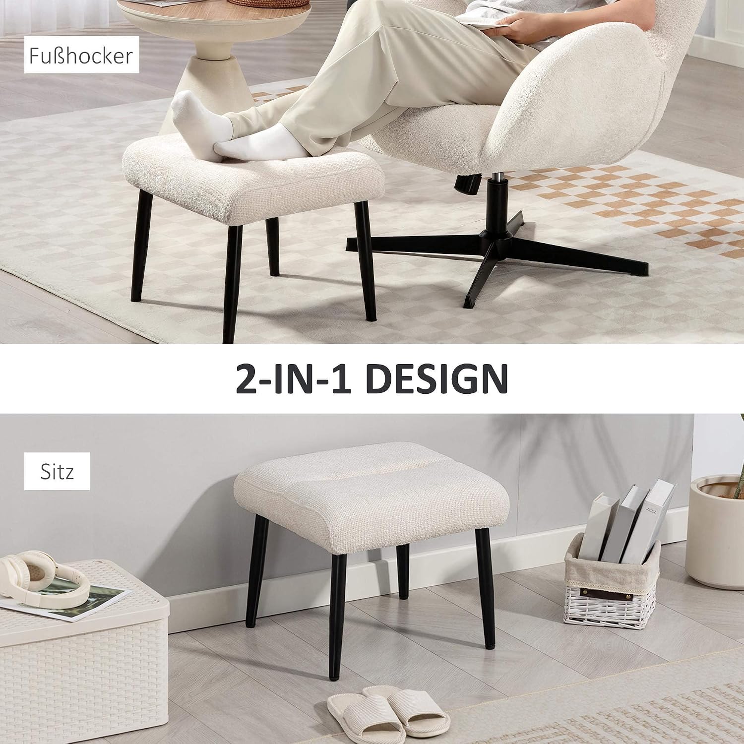 HOMCOM Sitzhocker Hocker mit weichem Sitzkissen Stahlbeinen Fußhocker mit Chenille-Stoff Polsterhocker Ottoman für Schlafzimmer, Wohnzimmer, Cremeweiß