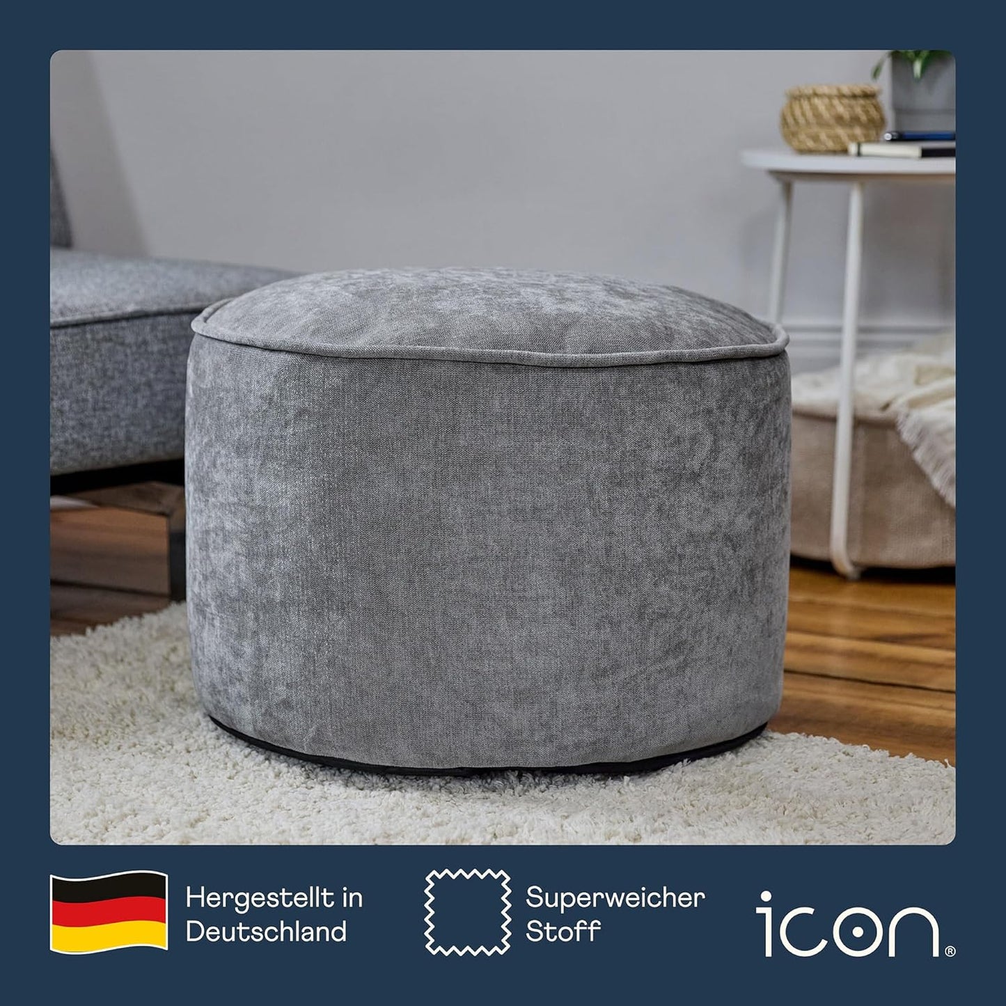 Icon Milano Hocker, Grau, Flauschiger Chenille Stoff, Samt Sitzsack, Sitzpuff, Pouf Hocker mit Füllung, Fußhocker für das Wohnzimmer, Deko Wohnzimmer