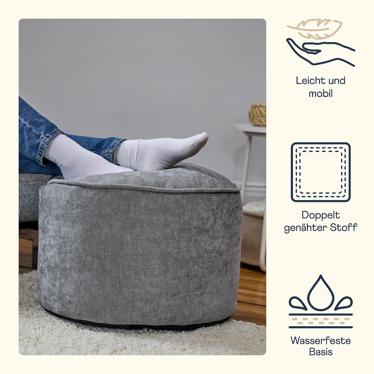 Icon Milano Hocker, Grau, Flauschiger Chenille Stoff, Samt Sitzsack, Sitzpuff, Pouf Hocker mit Füllung, Fußhocker für das Wohnzimmer, Deko Wohnzimmer