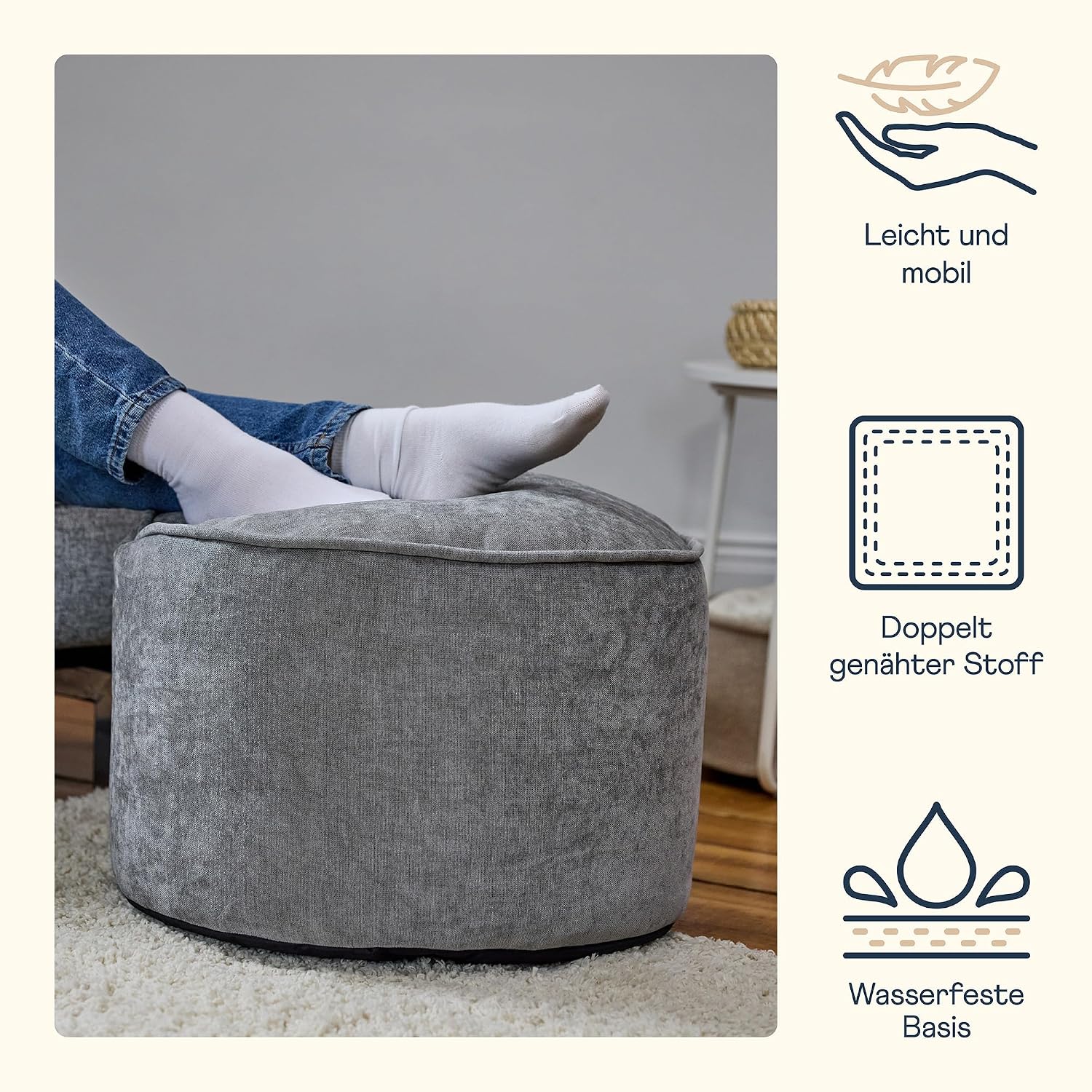 Icon Milano Hocker, Grau, Flauschiger Chenille Stoff, Samt Sitzsack, Sitzpuff, Pouf Hocker mit Füllung, Fußhocker für das Wohnzimmer, Deko Wohnzimmer