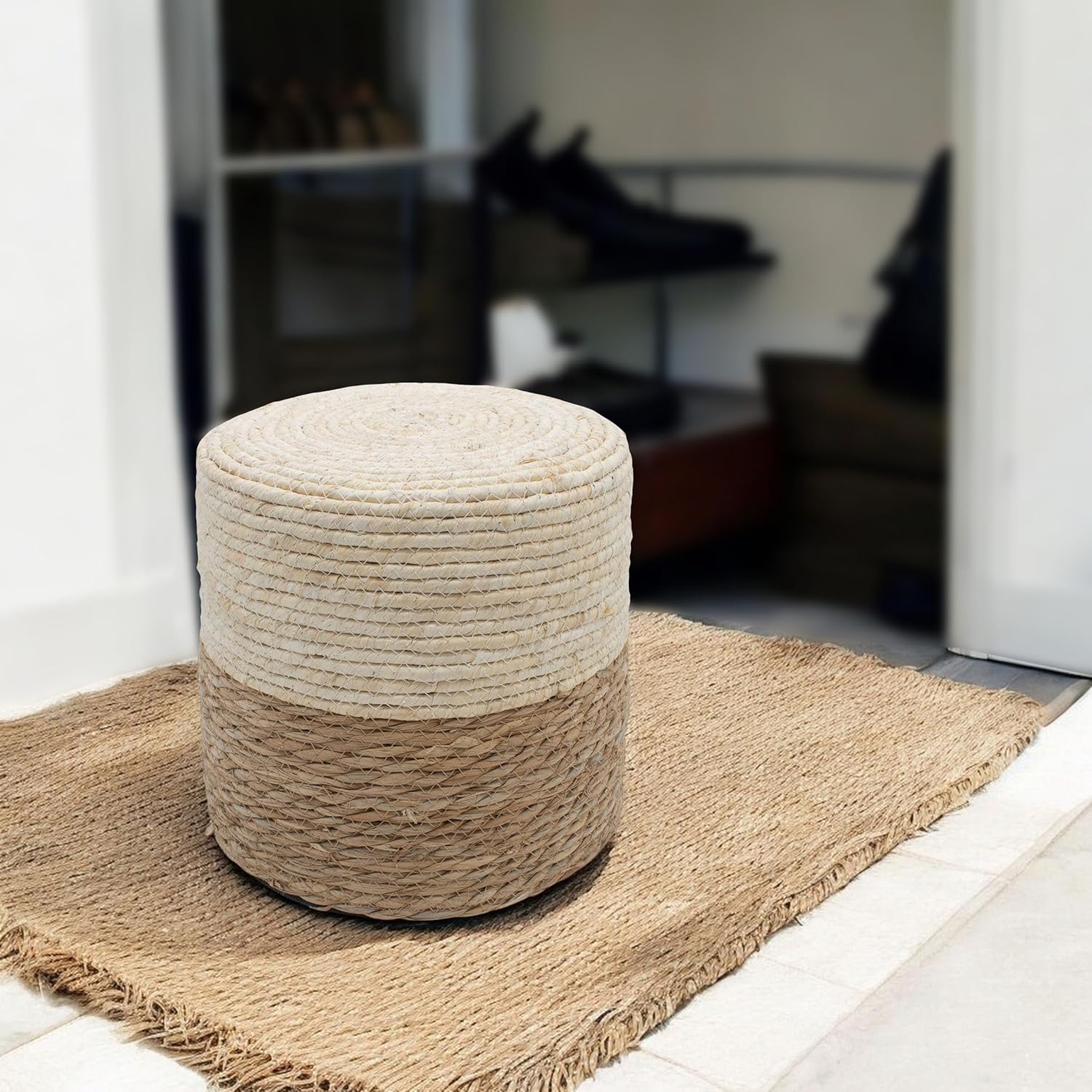 Spetebo Seegras Sitzhocker Vintage Natur - 30 cm - Naturfaser Boho Sitzpouf - Jute Fußhocker Pouf als Hocker Fußablage Tritthocker Sitzkissen Fußkissen Sitzgelegenheit