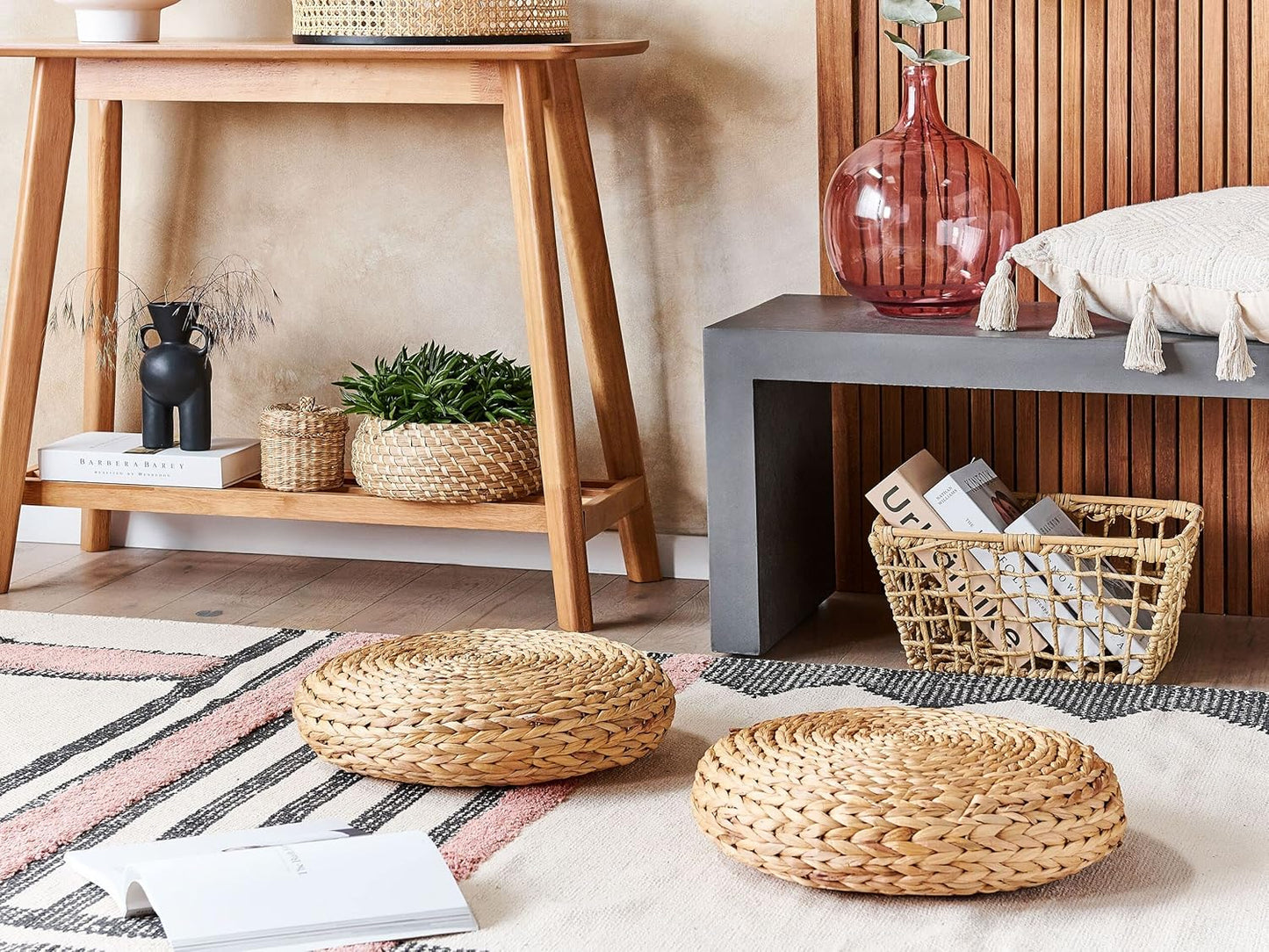 Beliani Pouf Natur ⌀ 40 cm Hocker aus Wasserhyazinthen im Boho-Stil Wahoo